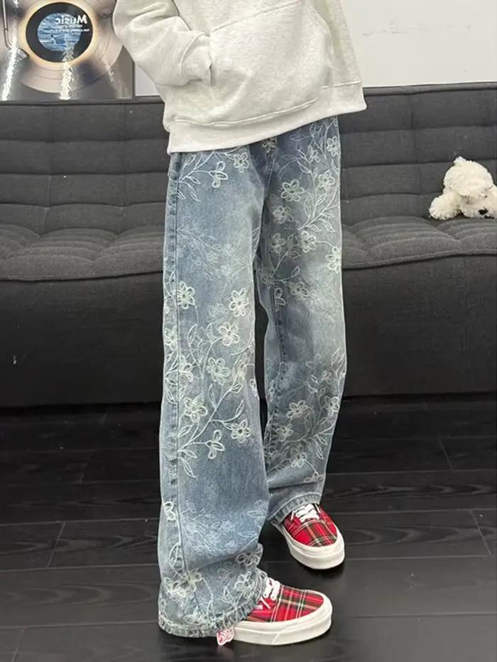 Jean Baggy brodé Jacquard à fleurs pour hommes, pantalon en Denim droit Vintage Y2K, Hip Hop, mode i