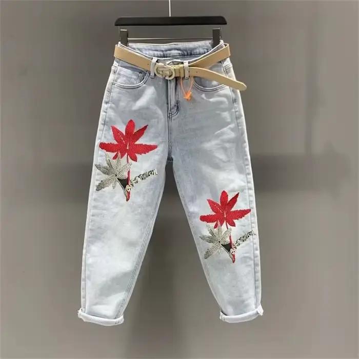 Jean brodé ethnique amour pour femmes, sarouel court élastique, taille haute, délavé, fin, pour les 