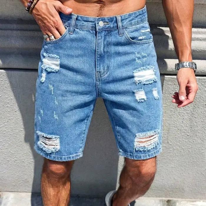 Shorts en jean délavé bleu clair pour homme, coupe slim droite, décontractés, longueur genou, pour l