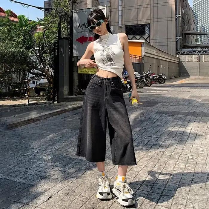 Jean Baggy Vintage pour femmes, Style américain, Y2k, ample, délavé, taille haute, longueur aux geno