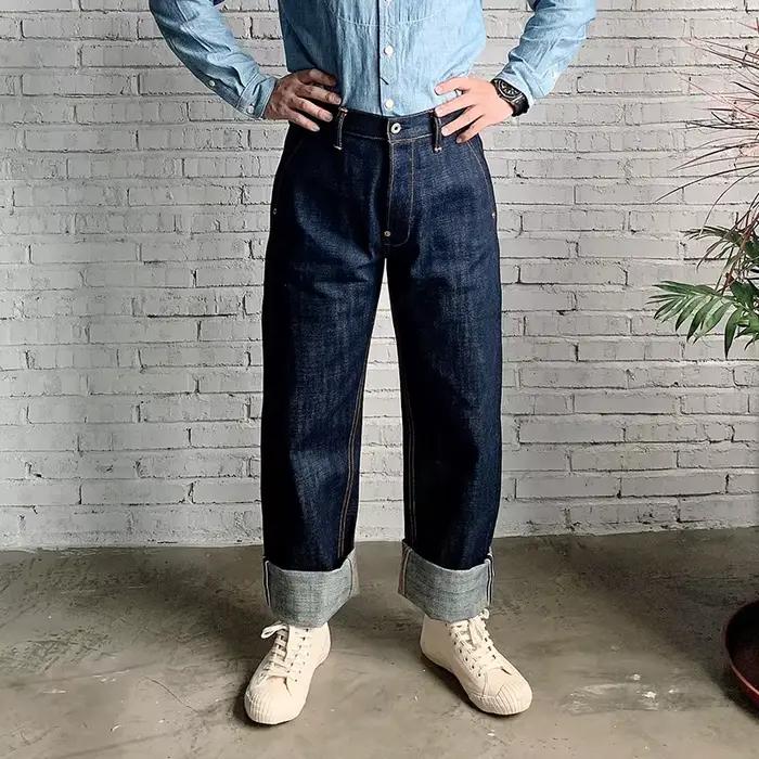 DN-0004 Jean en denim brut Indigo Selvage non lavé, non sanforisé, épais, taille haute, poids lourd 