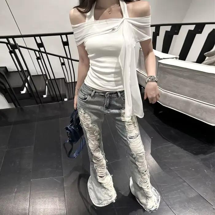 Benuynffy taille basse rétro déchiré jean évasé femme Streetwear mode coréenne mince lavé cloche bas