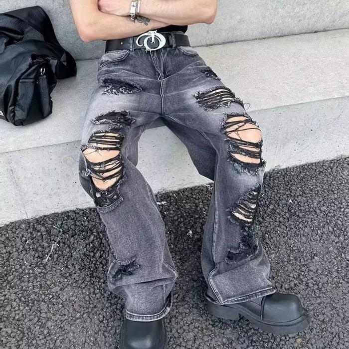 2026 Pantalon Jean Baggy Noir Vintage Y2K Grunge Déchiré et Empilé pour Homme, Vêtements de Créateur