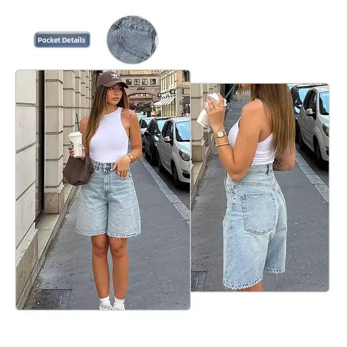 Jean en denim rétro délavé taille haute coupe ample mi-longue pour femme, style urbain, nouvelle col