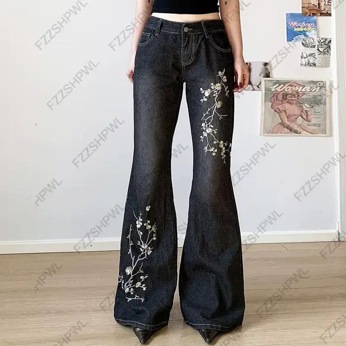 Jean brodé à fleurs pour femmes, pantalon évasé rétro taille basse, tricot ample, Style basique, ass