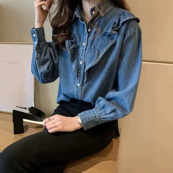 Chemise en jean ample à manches longues pour femme, mode printemps, avec ourlet en dentelle, haut am