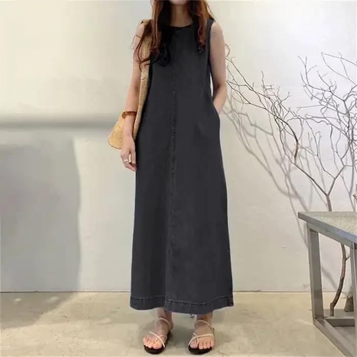 Robe longue en jean sans manches pour femme, coupe décontractée, col rond, avec poches, pour l'été 2