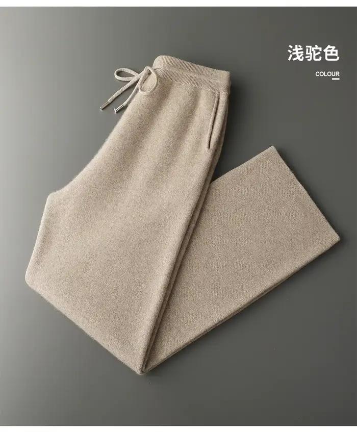 Pantalon tricoté à jambes larges pour hommes, 100% laine Pure, épais, décoration de poche, pantalons