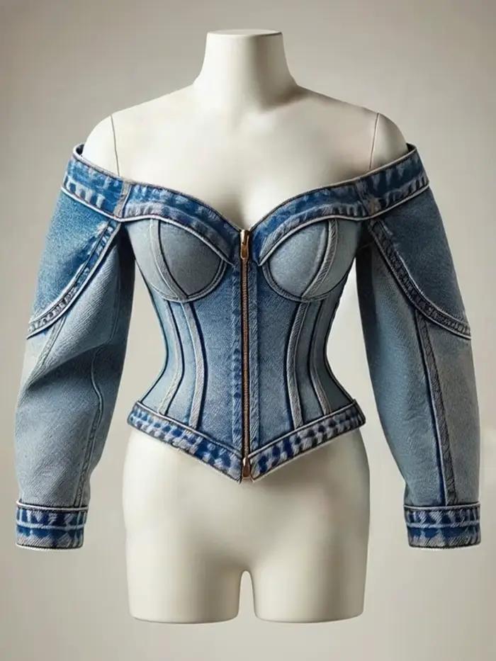 Chemisier en jean pour femme, style corset bustier, épaules dénudées, manches longues, fermeture écl