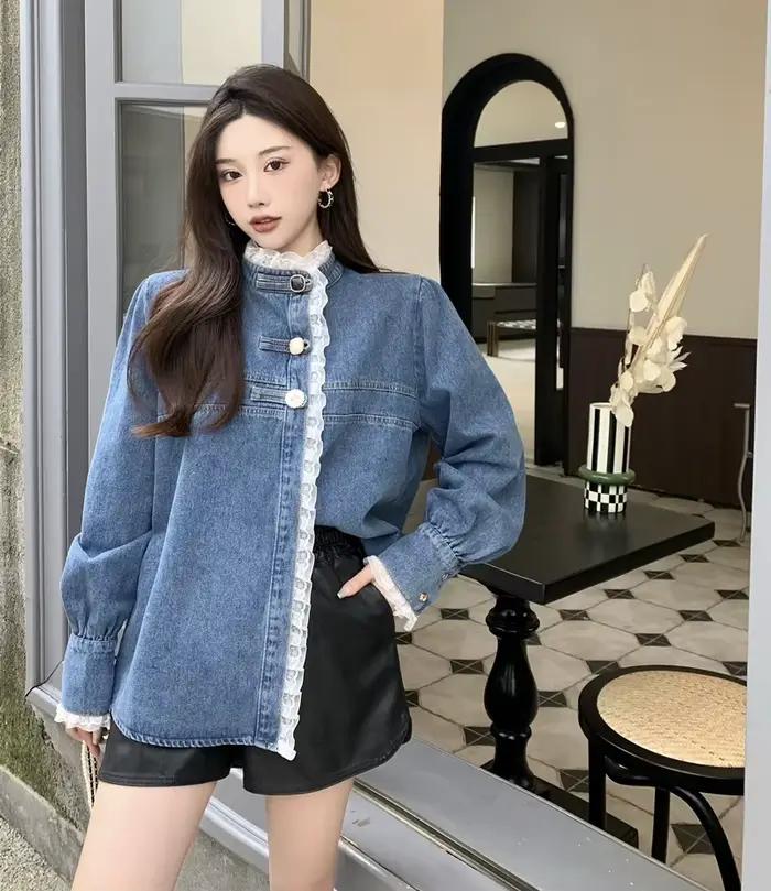 2025 printemps dentelle Denim chemise femmes mode Patchwork à manches longues Blouse femme col monta