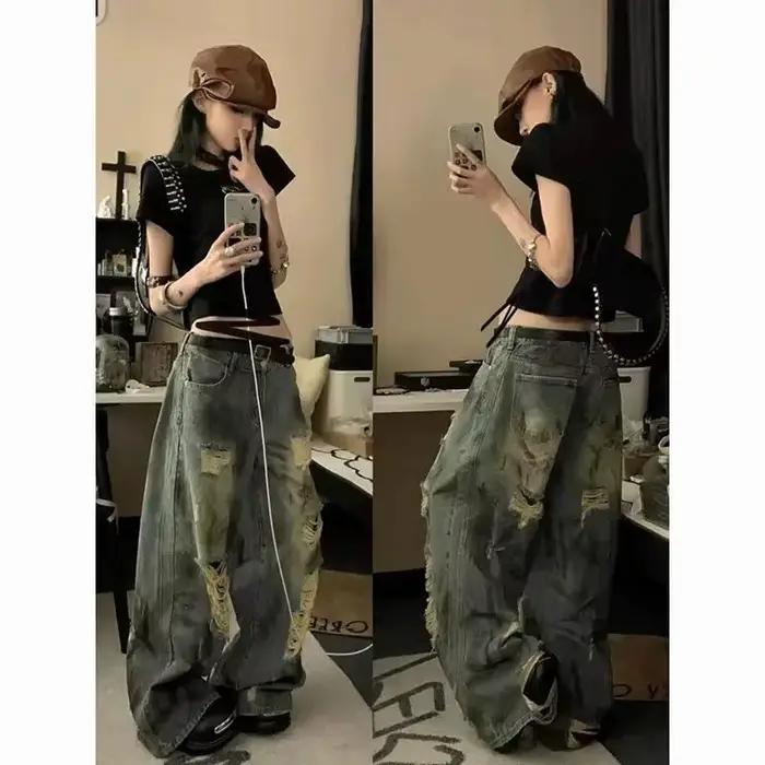 Jean en denim taille haute à jambe large pour femme, nouveau style d'été, style rétro américain, déc