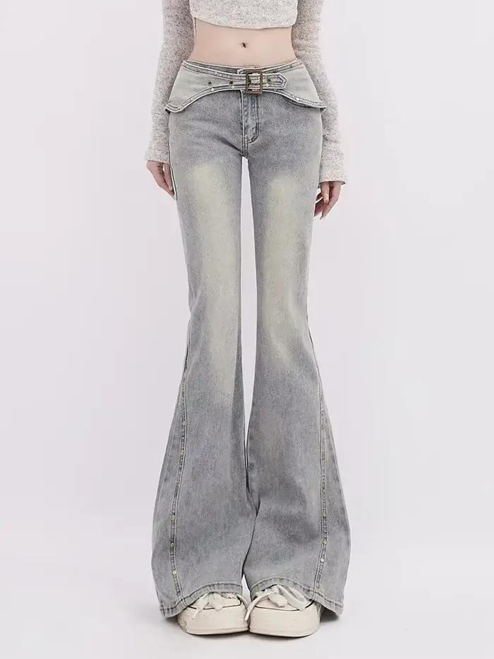 Jean évasé taille basse pour femme, pantalon en denim coréen, Y2K, pouvez-vous aru Kpop, bleu, esthé