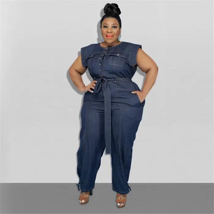 Combinaison en denim à col rond pour femmes, vêtements grande taille, costume de batterie commandé, 
