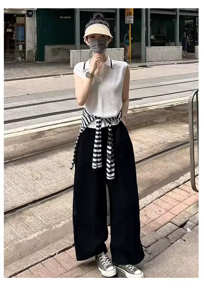 Pantalon droit ample en coton et lin bleu marine pour femme, nouvelle collection 2026, taille haute,
