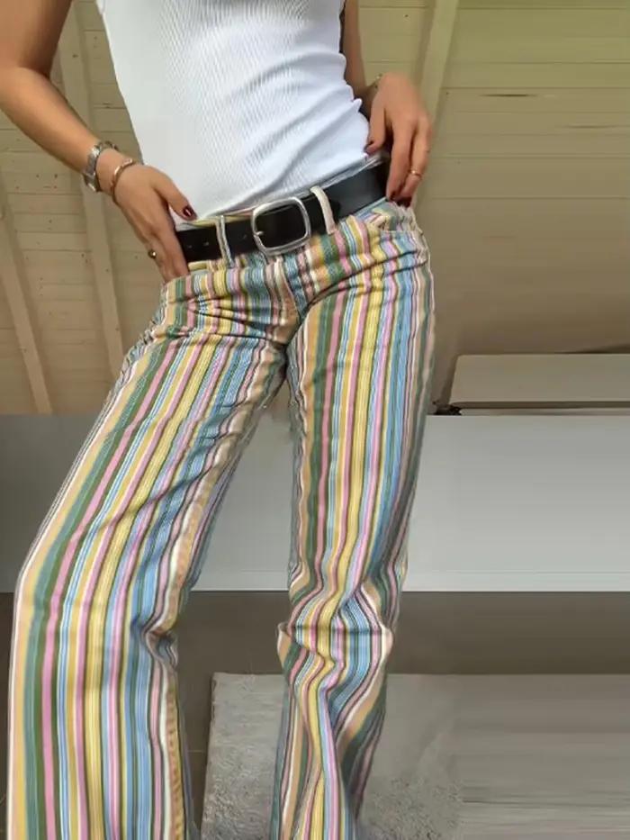 Jean pour femme taille basse, à empiècements rayés, coupe large, multicolore, style mode, nouvelle c