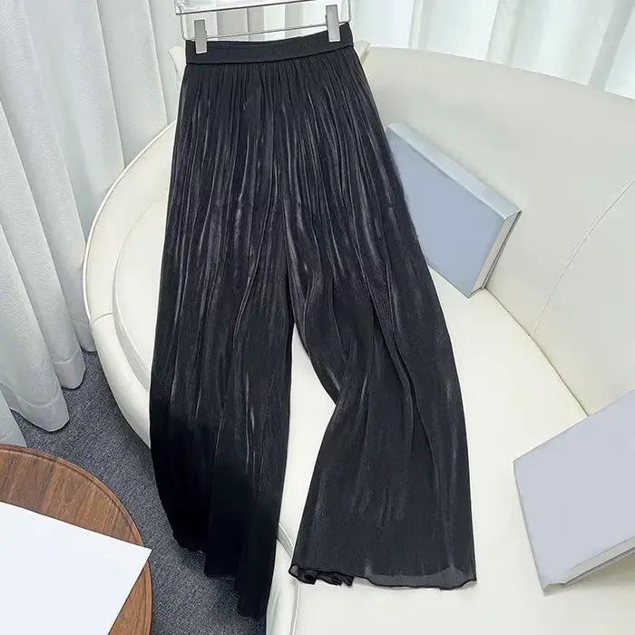 Pantalon large élastique taille haute pour femme, plissé en mousseline, fin et ample pour l'été, pan