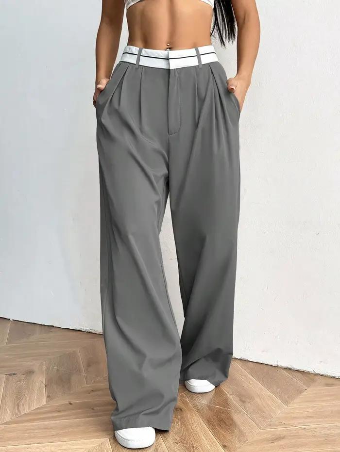KIDCRKJ Pantalon de bureau pour femme, pantalon à jambes larges de couleur contrastée, pantalon de c