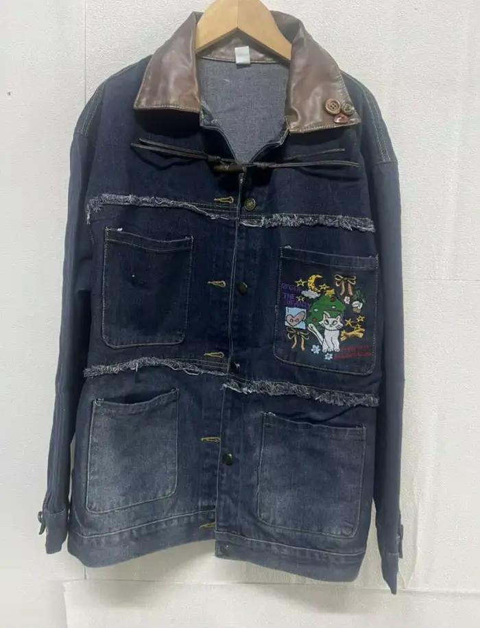 Vestes en Jean Brodées de Dessin Animé pour Femme, Haut Grunge à Simple Boutonnage, Fermeture Éclair