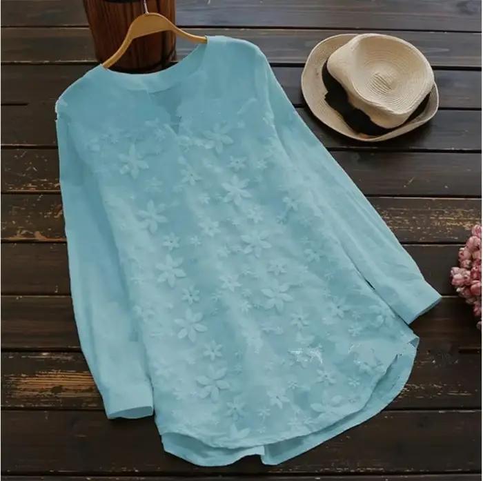Chemisier en coton et lin brodé pour femmes, décontracté, mode, ample, blanc, chemise élégante, gran