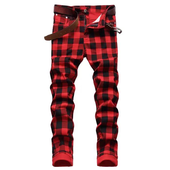 Jean crayon pantalon hommes Denims Plaid imprimé maigre droit cheville longueur pantalon taille moye