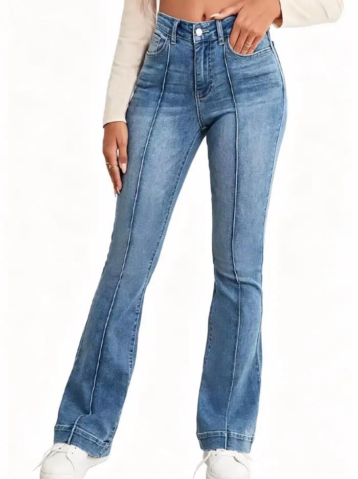 Jean taille haute évasé pour femme, bleu clair, coupe slim très élastique, effet allongeant les jamb