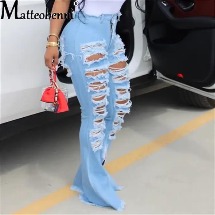 Jeans déchirés femmes Matteobenni style vintage coupe évasée élastique pour automne hiver occassions variées