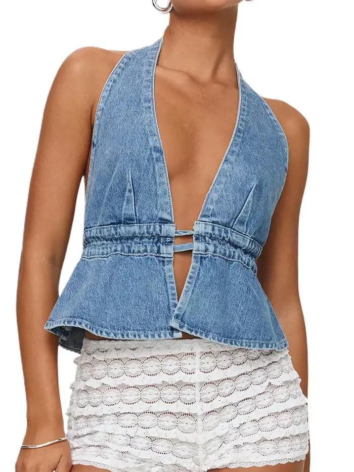 Gilet en denim pour femme, haut court avec col en V profond, style high street, été, coton et polyester, sans manches, dos ouvert, pour occasions estivales et streetwear