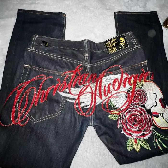 Jeans à broderies d'ailes d'ange pour femme