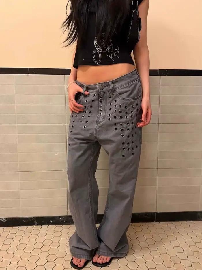 Jean rétro américain grande taille délavé à rivets creux pour femme, coupe droite ample amincissante à jambes larges, style streetwear occasions spéciales