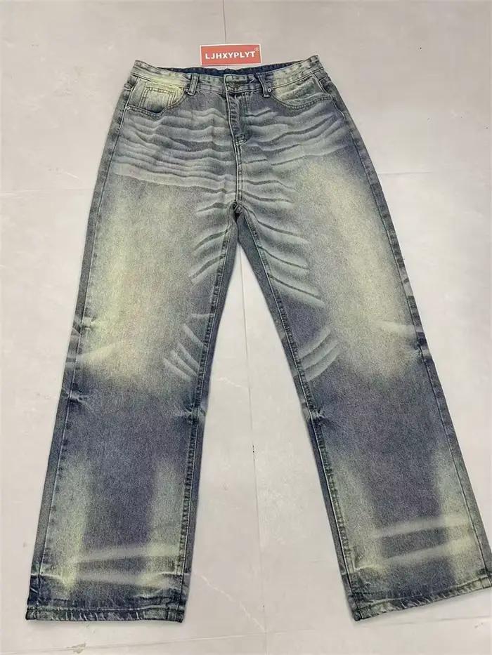 Pantalons décontractés en jean bleu rétro délavé pour hommes