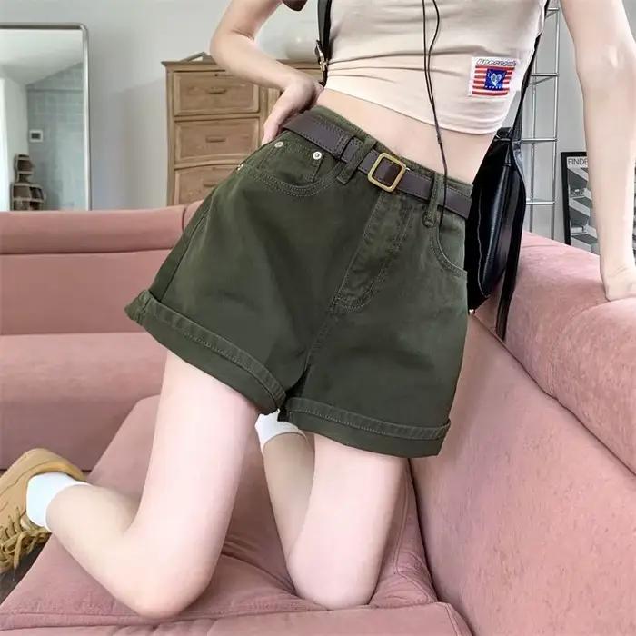 Shorts en jean rétro vert taille haute pour femme