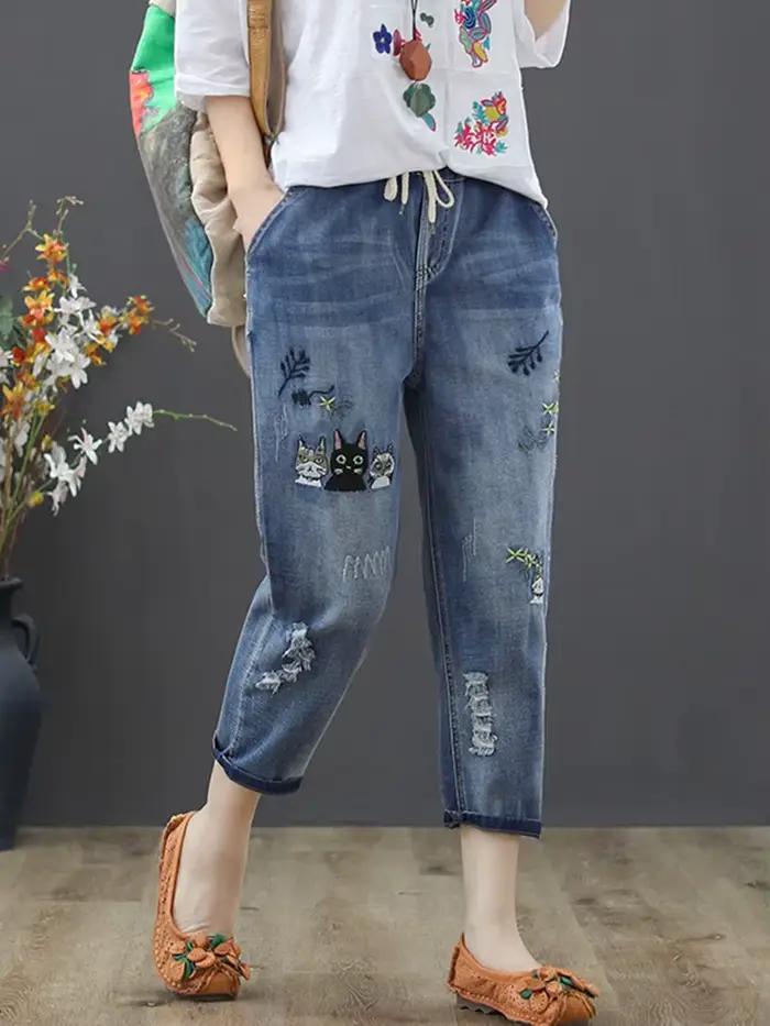 Amax luluE 2025 mode été Streetwear Denim pantalon dames Vintage élastique jean femmes décontracté ample broderie sarouel