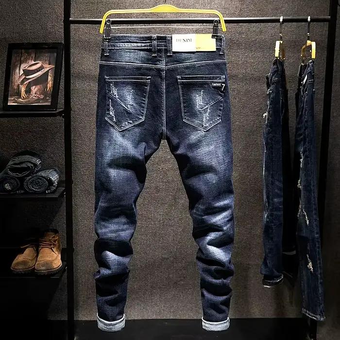 Jeans droits élastiques Tsingyi en denim coton déchiré, coupe slim, style coréen, mode bleu noir, vêtements pour hommes pour tous les jours, travail, match, maison, école, fête, compétition, jeu, shopping