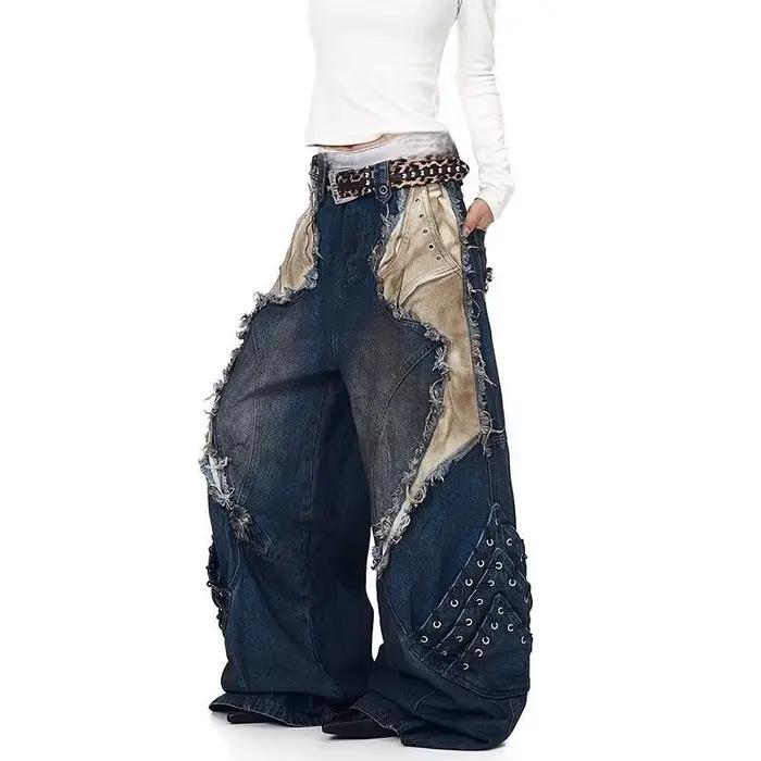 Pantalon baggy en denim coton-polyester style américain rétro pour femmes occasions toute l'année rock vintage