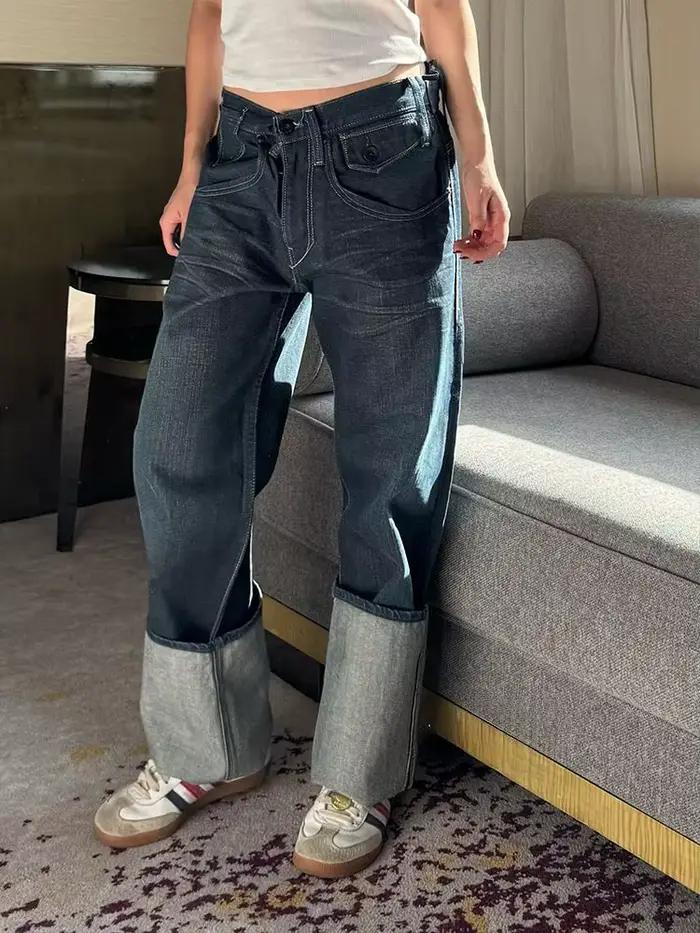Pantalon en jean vintage à poches, délavé, à ourlet évasé, long jusqu'au sol