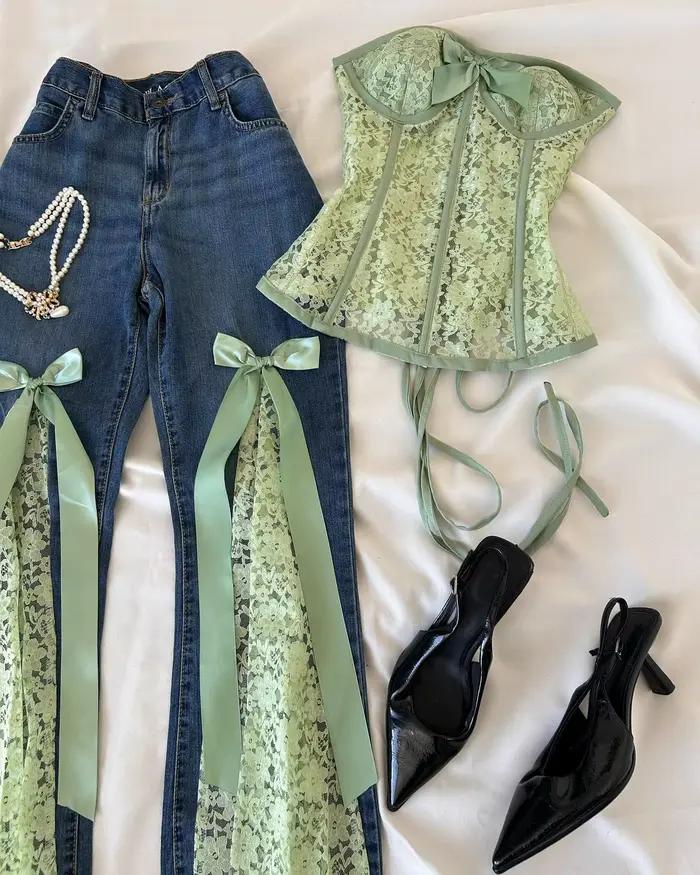 Jean en dentelle bleu menthe foncé style American Sweetheart Y2K Harajuku avec nœud décoratif