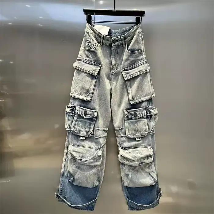 Jean femme Denim en détresse Multi poche Y2k Streetwear Cargo pantalon décontracté taille haute fermeture éclair mouche