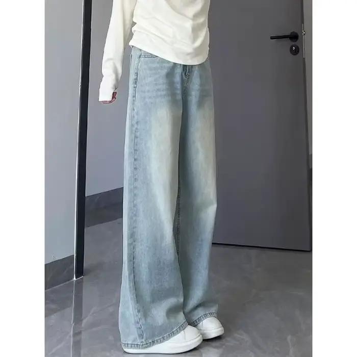 Jean large délavé taille haute pour femme