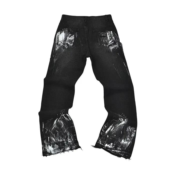 Jean Baggy noir délavé peint à l'encre de rue pour hommes pantalon en Denim droit Vintage ample décontracté