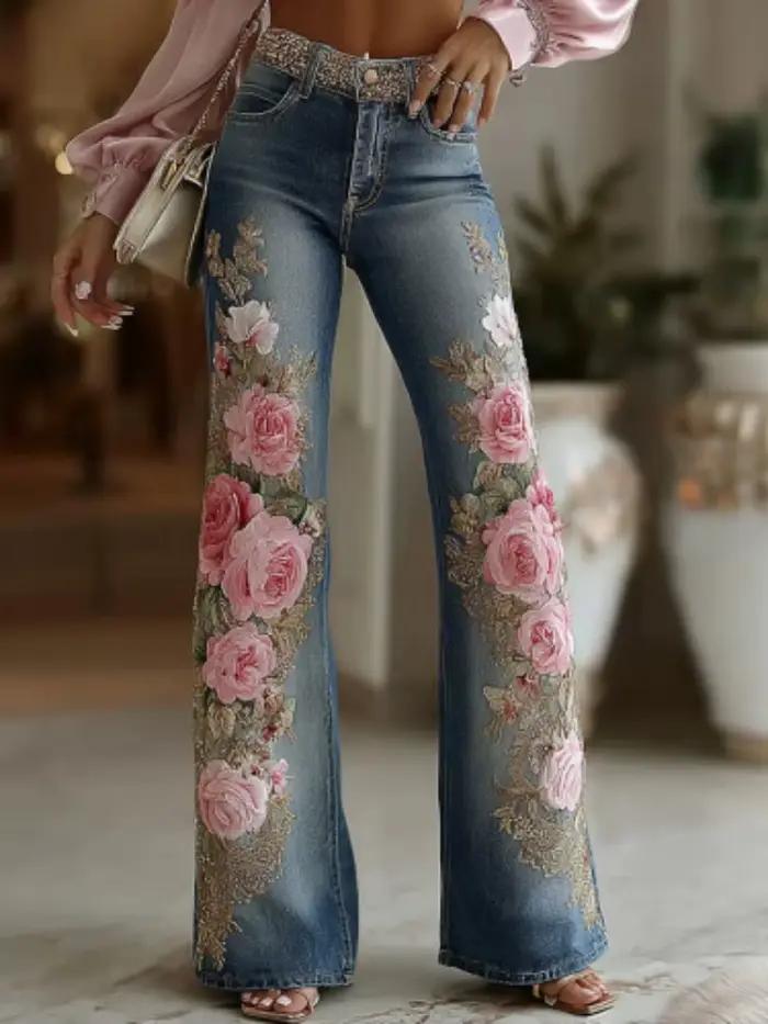 Pantalon évasé imitation denim brodé fleurs pour femmes style rétro basiques occasions formelles automne hiver