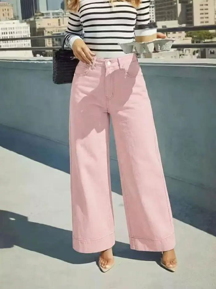 Jean rose taille haute à jambes larges