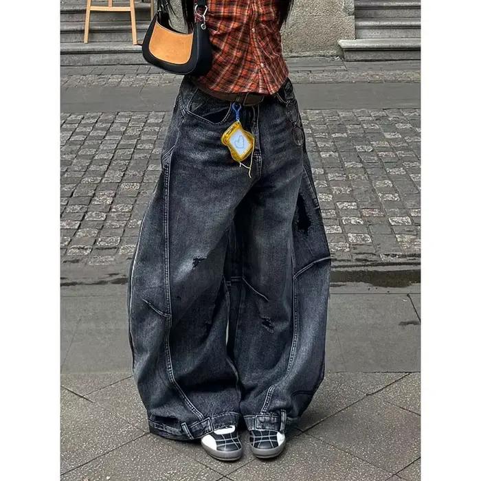 Jean noir féminin vintage à taille haute cargo jeans amples pour femmes été décontracté ample grand tailles jambes larges denim baggy pantalon Y2K