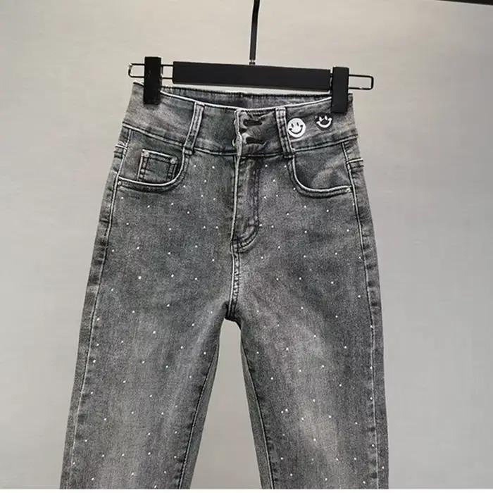 Jean femme 2025 été nouveau élastique mince industrie lourde diamant chaud petit pied crayon pantalon
