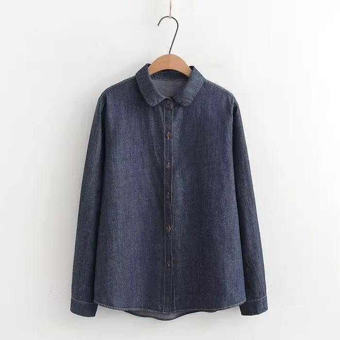 Chemisier en denim bleu uni pour femmes style japonais décontracté printemps automne occassions variées