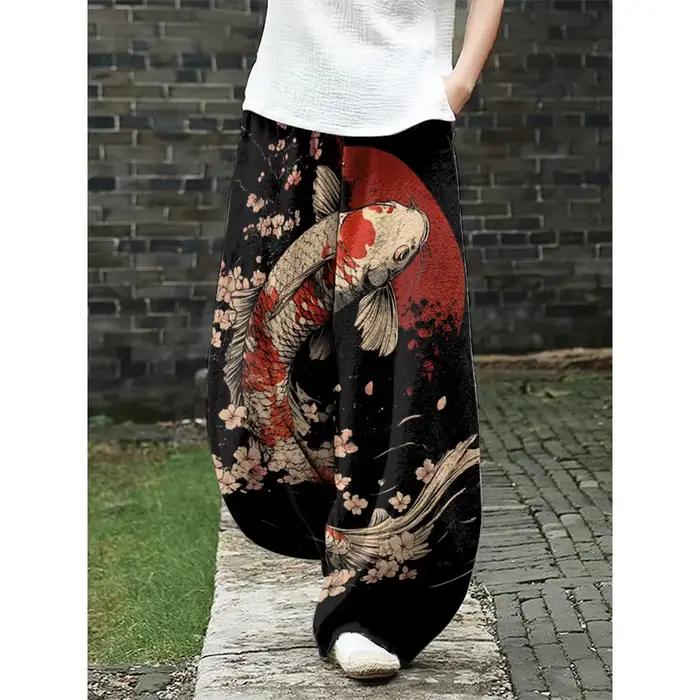 Pantalon à jambes larges imprimé renard prune Harajuku pour femme