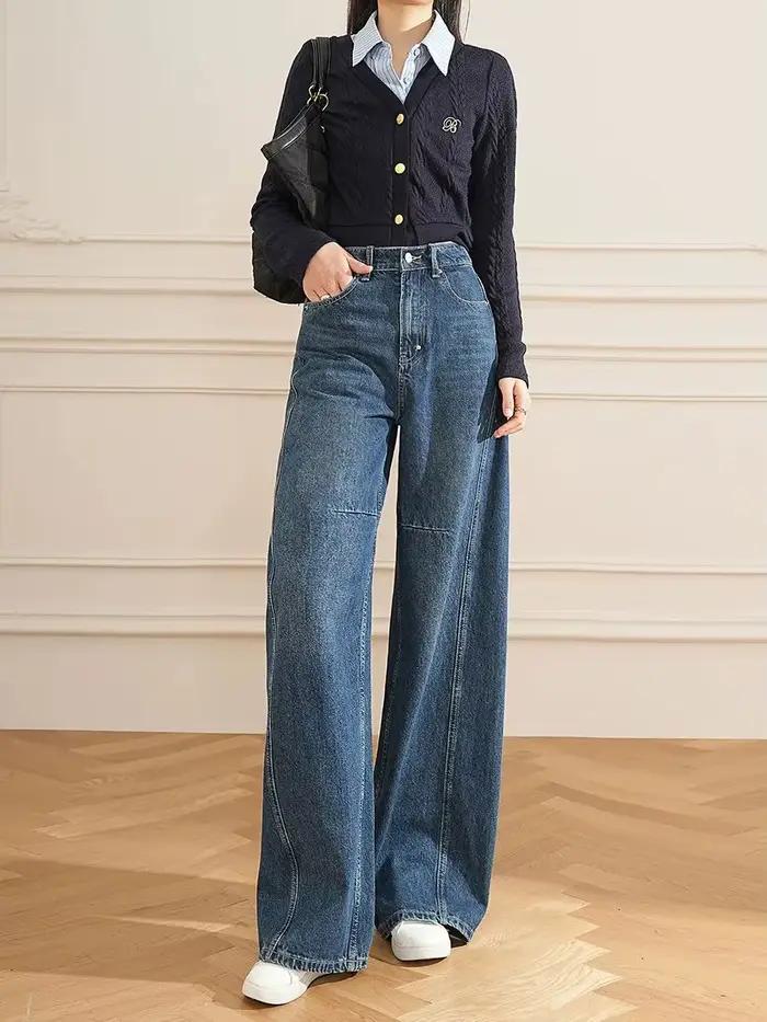 Pantalon en denim LOUIS YAO baggy taille haute pour femme, style rétro décontracté, automne-hiver, polyester coton, ajustement ample, braguette zippée, multiple couleurs disponibles