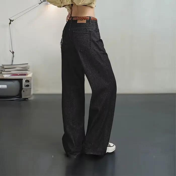 Pantalon Maden Jean Noir Rétro pour Femme Coupe Droite Décontractée Polyvalent Printemps Automne Occasions Spéciales