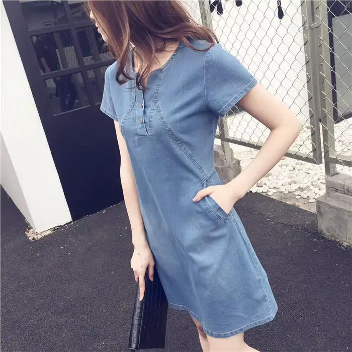 Robe en jean décontractée avec poche à boutons pour femmes, mini robe en denim sexy, nouvelle collection été 2024, col en V, une ligne, polyester, coton, 5XL