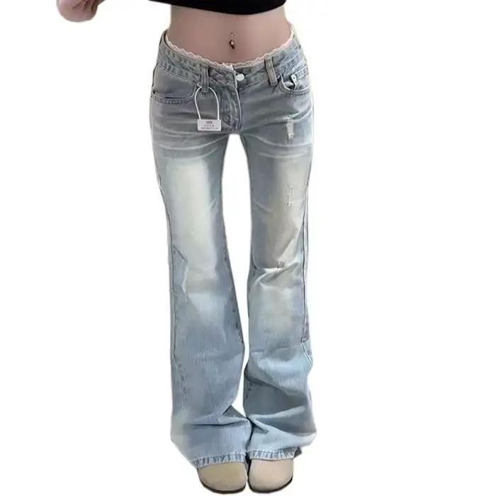 Jean évasé vintage bleu clair pour femme style Y2K avec dentelle coupe botte et cloche pour streetwear et occasions décontractées