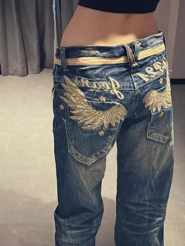 Jeans Vintage Denim Brodé Baggy Femmes Streetwear Bleu Clair Épicé Occasions Spéciales